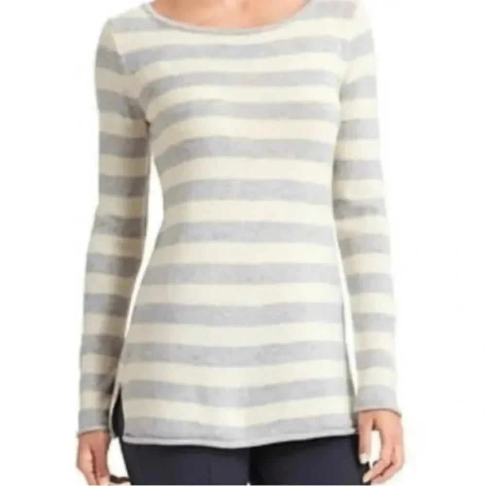 Athleta Gray Cream Stripe Cashmere Long Sleeve Pullover Sweater XS